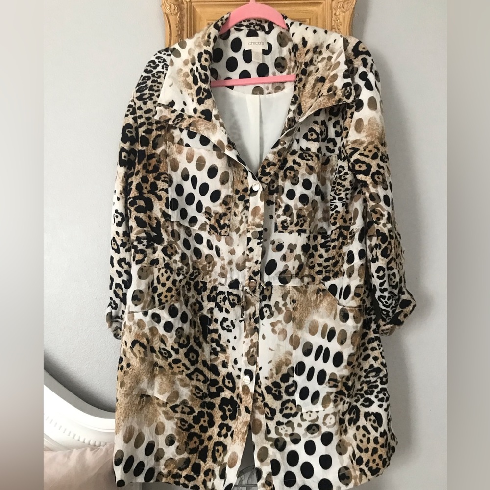 Chico’s cheetah and polka dot trench